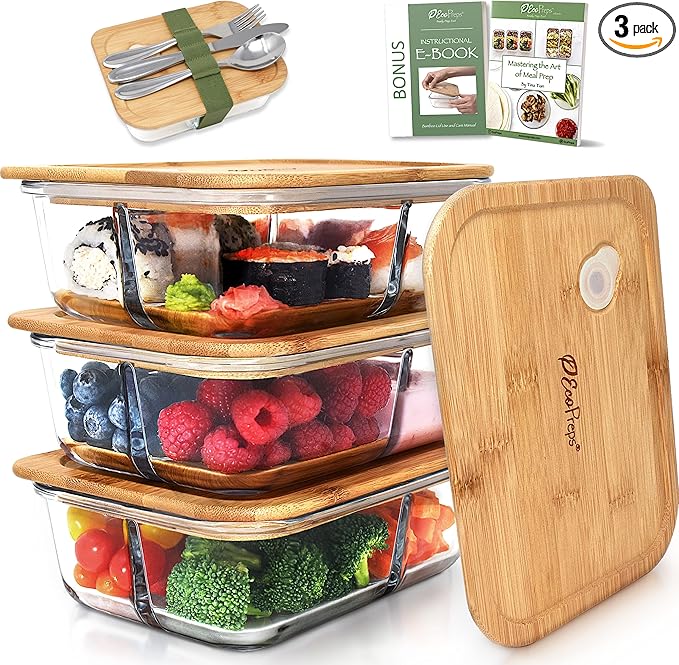EcoPreps Glass Bento Box Containers with Bamboo Lids, 3 Compartment Glass Meal Prep Containers (3 Pack) - 100% Plastic Free, Eco-Friendly Lunch Container Set, Bamboo Lid Bento Boxes for Adults