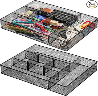 Hiceeden 2 Pack Mesh Desk Drawer Organizer, 16.1"x12.2"x2" Large Desk Organizer Tray with 2 Removable Dividers, 6 Compartment Metal Organizers for Home, Office, Makeup & Vanity