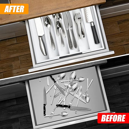 Bellsal White Silverware Organizer Kitchen Drawer Organizer Expandable Bamboo Utensil Holder Cutlery Tray for Kitchen Utensil and Flatware Bedroom Office