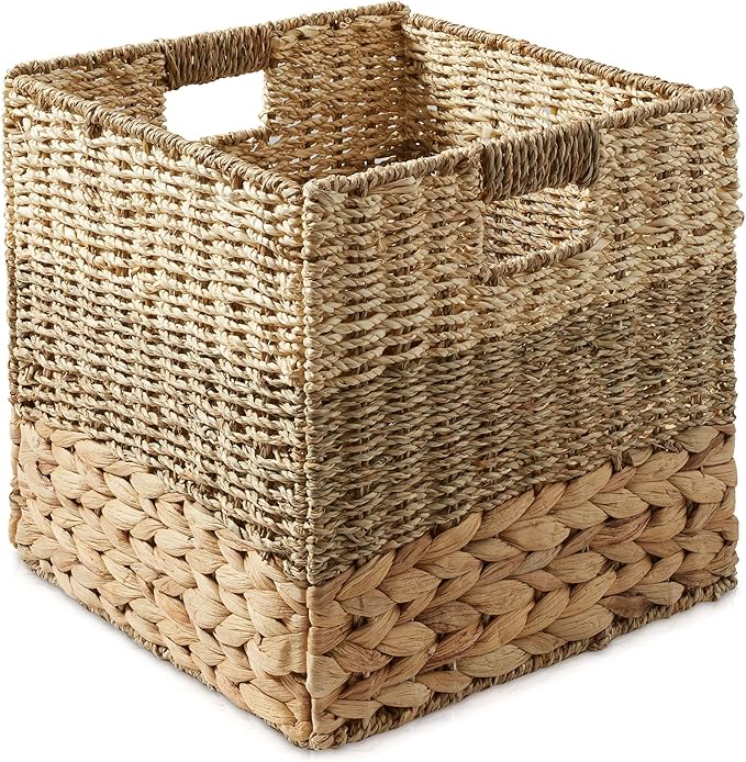 Casafield 12" x 12" Mixed Weave Storage Baskets, Natural - Set of 6 Woven Hyacinth Seagrass Wicker Storage Cube Bins for Bathroom, Bedroom, Laundry, Pantry, Shelves