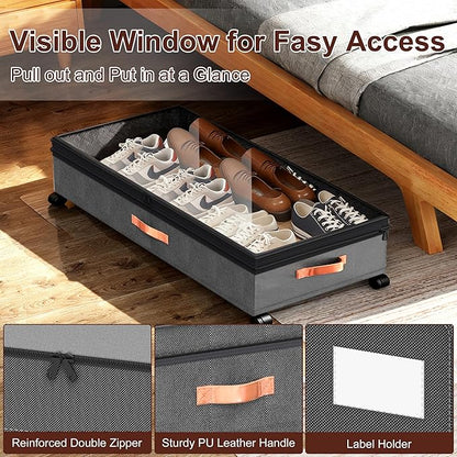 VXEAPADE 2 Pack 70L XXL Under Bed Storage with Wheels - Extra Large UnderBed Storage Containers with Clear Lid & Label, Rolling Storage Bins for Clothes, Shoes, Blankets - Grey