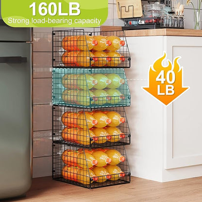 4 Pack XXL Stackable Wire Storage Basket, Extra Large Capacity Pantry Organizer and Storage, Muti-Purpose for Fruit Vegetable Basket & Toy Bin & Snack Organizer