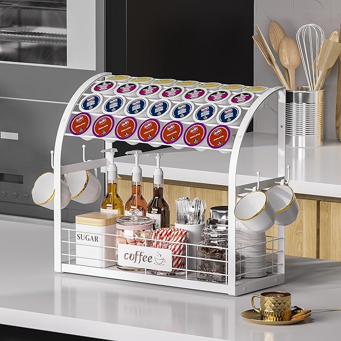 Metal K Cup Holder with Wooden Tray, 2-Tier Coffee Bar Organizer with Mug Hooks, Countertop Coffee Pod and Station Accessories – White