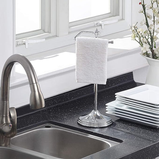 SunnyPoint Heavy Weight Classic Decorative Metal Fingertip Towel Holder Stand for Bathroom, Kitchen, Vanity and Countertops; Hanging Bar is 14.2" Height (Chrome, 15.6" x 5.6" x 5.6")