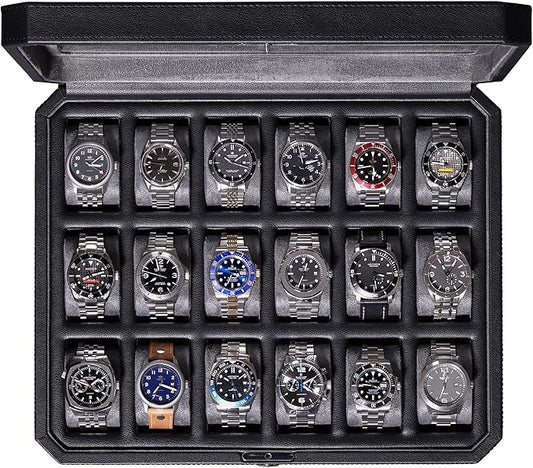 ROTHWELL 18-Slot Watch Case – Luxury Watch Box for Men, Real Glass Top, Lockable, Elegant Display for Collections (Black/Grey)