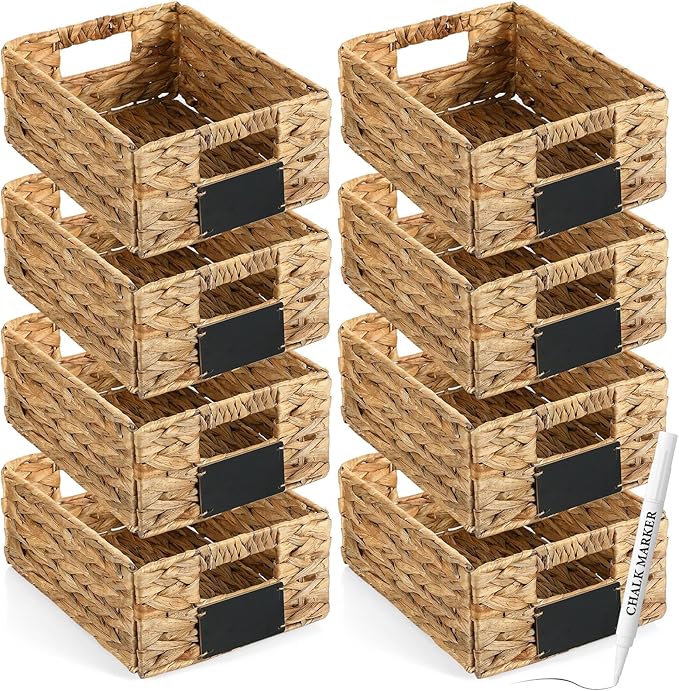 Nitial 8 Pcs 12 x 9 x 5 Inch Wicker Storage Basket, Rectangular Water Hyacinth Storage Baskets for Shelving, Foldable Woven Pantry Organizer with Chalkboard Label and Chalk Marker(Natural)