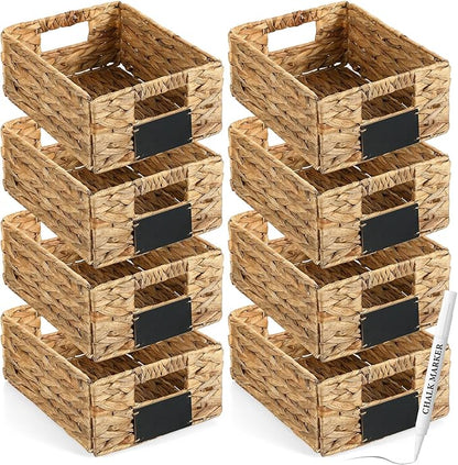 Nitial 8 Pcs 12 x 9 x 5 Inch Wicker Storage Basket, Rectangular Water Hyacinth Storage Baskets for Shelving, Foldable Woven Pantry Organizer with Chalkboard Label and Chalk Marker(Natural)