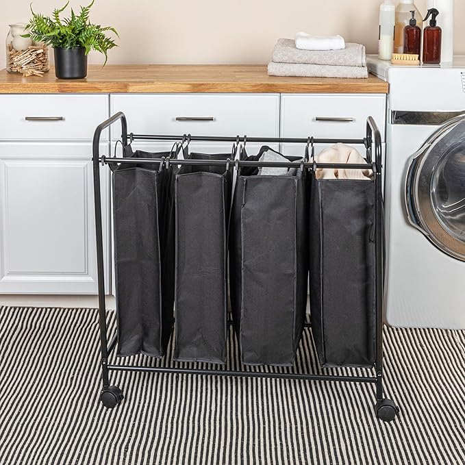 Household Essentials Rolling Laundry Sorter, 4 Bag Laundry Sorter Cart with Washable and Removable Bags, Black