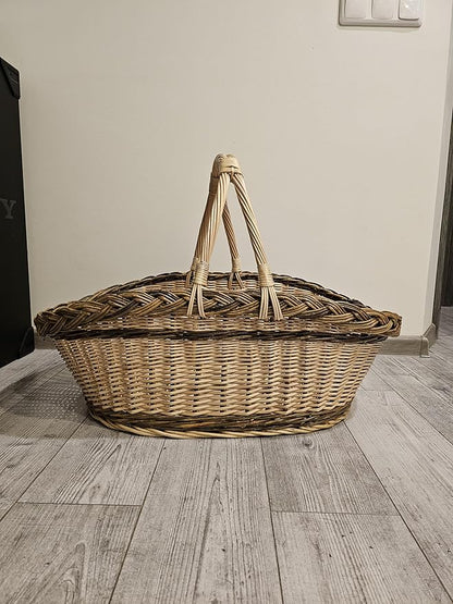 Handcrafted Extra-Large Wicker Basket with Two-Tone Weave – Rustic Handmade Storage Basket from Lithuania