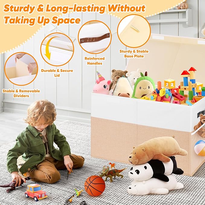 Large Toy Box, Collapsible Sturdy Storage Chest With Lids, Kids Toy Chest Storage Organizer Toddler Bin Boxes for Living Room, Bedroom, Nursery, 25"x13"x16", Beige & White