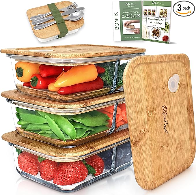 EcoPreps Glass Meal Prep Containers with Bamboo Lids, 2 Compartment Glass Bento Box Container Set (3 Pack) | 100% Plastic Free, Eco-Friendly, Lunch Containers with Lids Made of Bamboo - Set of 3