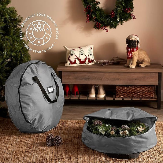 ZOBER 2 Pack Oxford Christmas Wreath Storage Container 24 Inch - Wreath Bag for Artificial Wreaths Box - Waterproof Fabric, Dual Zippered Wreaths Storage Bag With Strong Durable Handles - Gray