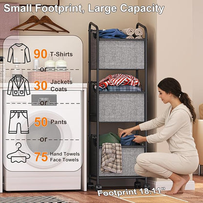 110L Vertical Rolling Laundry Basket Organizer with Wheel, 3-Tier Dirty Clothes Laundry Hamper, 3-Section Laundry Sorter Cart, Portable Laundry Baskets for Small Space, Dorm, Laundry, Closet, Bathroom