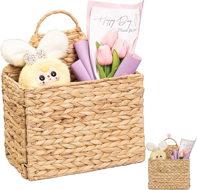 Water Hyacinth Magazine Wall Hanging Basket, Handwoven Wicker Wall Basket Organizer, Foldable Wall Basket for Mail, Towels, Books & Magazines, Boho Farmhouse Wall Decor for Entryway Bathroom Nursery