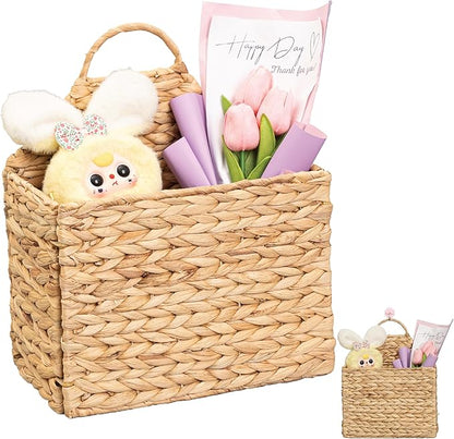 Water Hyacinth Magazine Wall Hanging Basket, Handwoven Wicker Wall Basket Organizer, Foldable Wall Basket for Mail, Towels, Books & Magazines, Boho Farmhouse Wall Decor for Entryway Bathroom Nursery
