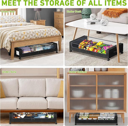 Under Bed Storage with Wheels, XXL 60L Under the Bed Storage Bins, Underbed Storage Containers with Lids & Label, Rolling Metal Drawer for Shoes, Clothes, Books, Toys (4-Pack Black)