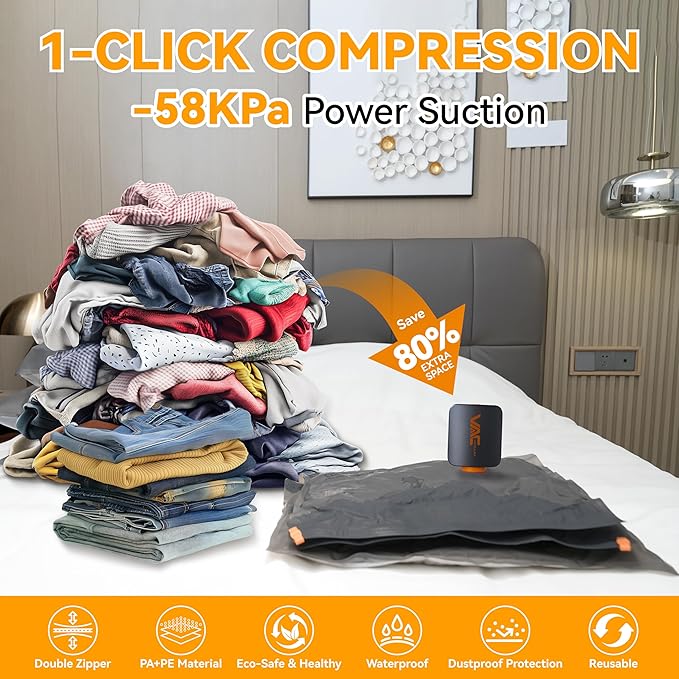 VACKFOX Vacuum Storage Bags with Rechargeable Cordless Pump,12 Pack Vacuum Storage Space Saver Bags, Compression Packing Seasonal Storage for Clothes Bedding Blanket Pillows Comforters