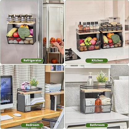 Imncya Magnetic Shelf for Refrigerator, Fridge Magnetic Fruit Basket Spice Rack with Wood Lid, Potato Onion Storage Organizer Magnetics Shelves for Refrigerator, Kitchen Counter, Pantry