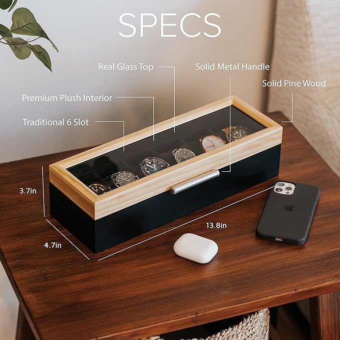 CASE ELEGANCE Two-Toned Pine and Black Base with Modern Aluminum Handle 6-Slot Watch Box with Real Glass