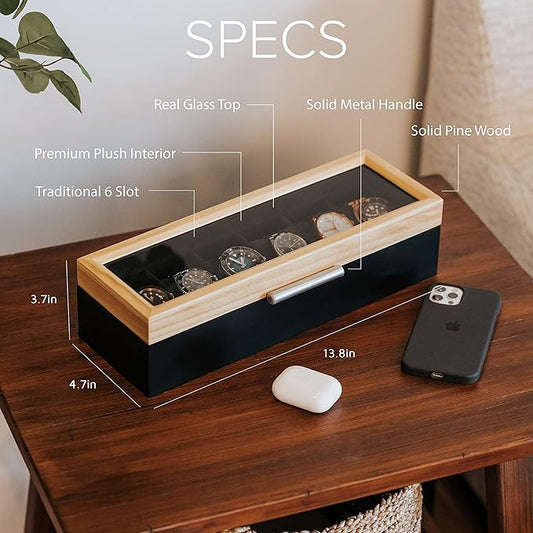 CASE ELEGANCE Two-Toned Pine and Black Base with Modern Aluminum Handle 6-Slot Watch Box with Real Glass