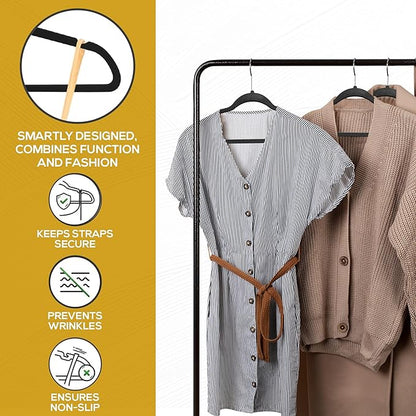 Techzoo 50 Pack New Premium Quality Velvet Hangers Ultra Thin Non Slip Adult Felt Space Saving Hangers for Closet Heavy Duty Coat Pants Jackets Dress Hangers 360° Swivel Hook Hold Upto 10 lbs Black