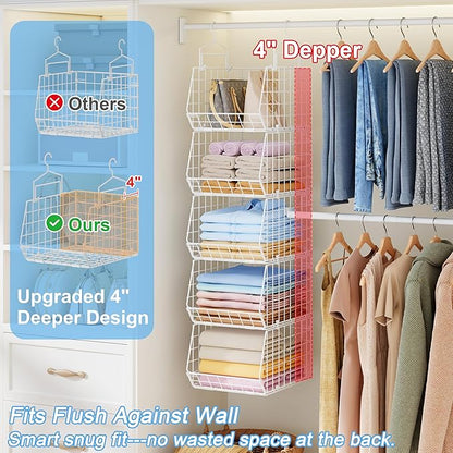 5 Tier Extended Depth Hanging Closet Organizer with Adjustable Width and Height Hanging Rod, Storage Shelves for Sweaters Towels Handbags, Stackable Metal Bins for Closet, Laundry, Dorm, White