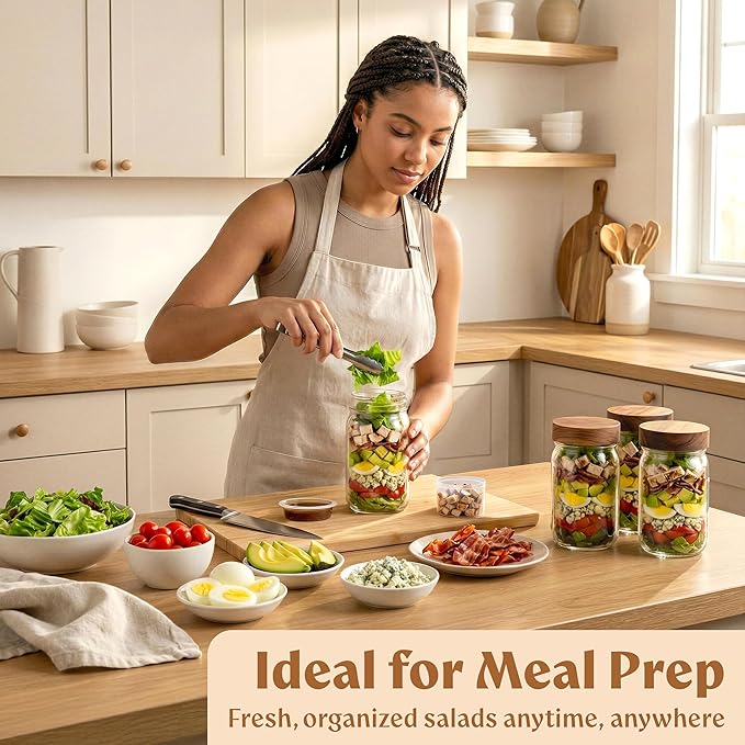 4 Pack Glass Salad Jars Pod with Wooden Lids for Meal Prep, Leakproof Container with Two Small Built in Cups for Wet/Dry Separation for Salad Dressing and Ingredients, 32oz Mason Jars