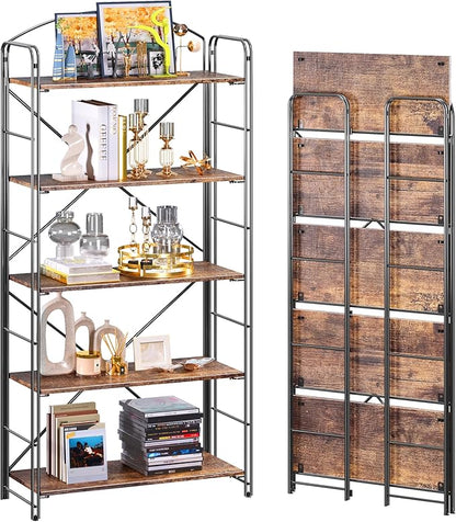 UDD Folding Bookshelf No Assembly, 54.1"H x 23.7"W, 5 Shelf Foldable Bookcase Industrial Collapsible Bookshelves, Open Storage Book Shelves for Small Spaces Home Office Living Room, Rustic Brown Black