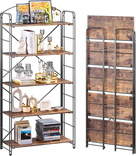 UDD Folding Bookshelf No Assembly, 54.1"H x 23.7"W, 5 Shelf Foldable Bookcase Industrial Collapsible Bookshelves, Open Storage Book Shelves for Small Spaces Home Office Living Room, Rustic Brown Black
