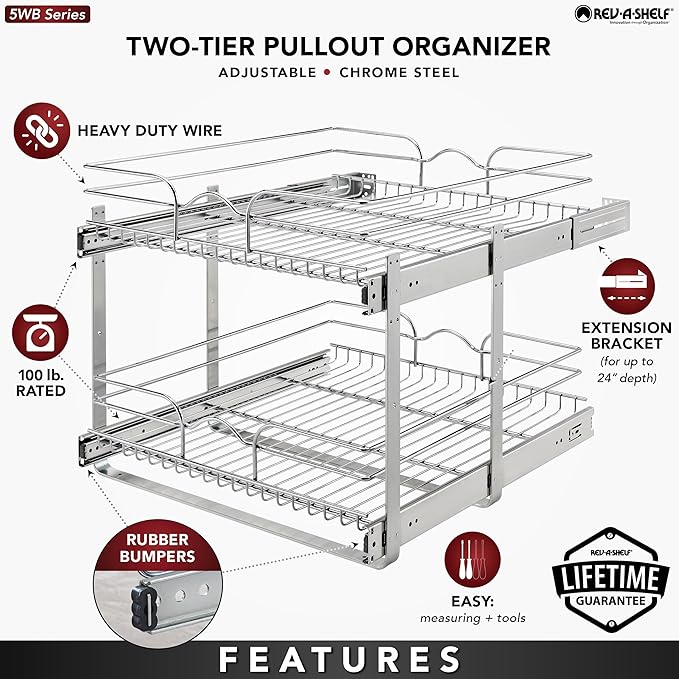 Rev-A-Shelf 2 Tier Pull Out Under Sink Organizer, 21 x 22 Inch, Steel Wire Pots and Pans Organizer, Tape Measure Included