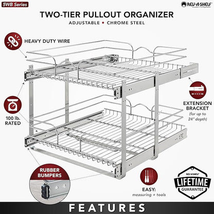 Rev-A-Shelf 2 Tier Pull Out Under Sink Organizer, 21 x 22 Inch, Steel Wire Pots and Pans Organizer, Tape Measure Included