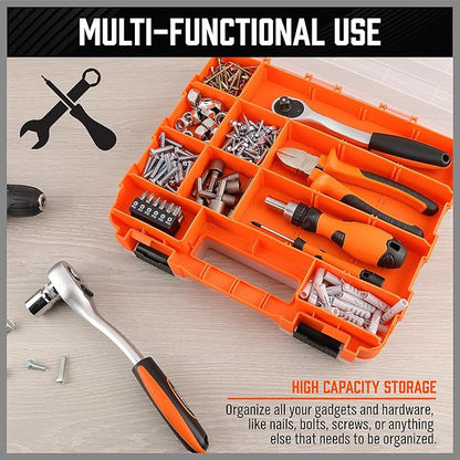 HORUSDY Small Parts Organizer, 34-Compartment Double-Sided Storage Box with Removable Dividers, Double Side Tools Box Screw Organizer for Screws, Nuts, Bolts, Nails & Small Hardware