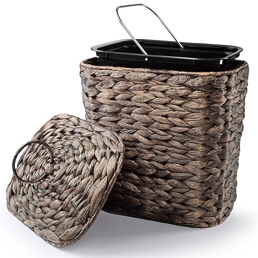 Wicker Waste Basket - Wicker Trash Can with Lid - Water Hyacinth Bathroom Garbage Can with a Lid - Bathroom Trash Can Boho Style - Removable Liner, Iron Frame (Black, 2 Gallons)
