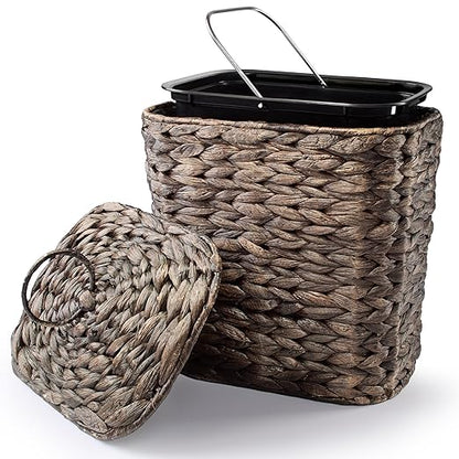 Wicker Waste Basket - Wicker Trash Can with Lid - Water Hyacinth Bathroom Garbage Can with a Lid - Bathroom Trash Can Boho Style - Removable Liner, Iron Frame (Black, 2 Gallons)
