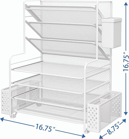 Simple Trending 7 Tier Desk File Organizer, Letter Tray Paper Organizer with Pen Holder and Metal Hanging Basket, White