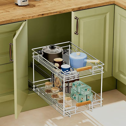 Pull Out Cabinet Organizer(14" W x 21" D), 2 Tier Slide Out Shelves with Wood Handle, Sliding Drawer Pull Storage Shelf for 15-1/4” Cabinet Opening, Chrome