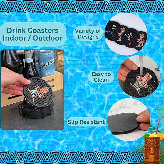 Aloha Tiki Bar Drink Coasters Set of 6 with Holder for Hawaiian and Luau Party Decorations with Tiki Warrior, Wave & Palm Tree and Parrot Designs, Tiki Bar Decor Silicone Coasters, Aloha Party Decor