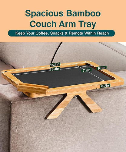 Bamboo Sofa Arm Tray Table – Fits Most of The Sofa Arms, 3 in 1 Adjustable Couch Arm Table with Rotating Phone Holder, Cable Slot & Non-Slip Mat – Couch Cup Holder for Snacks, Drinks & Remotes