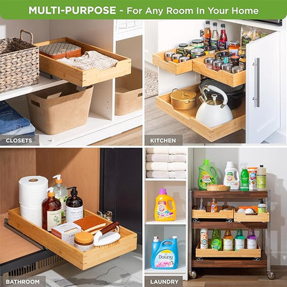 HOLDN’ STORAGE Bamboo Wooden Pull out Cabinet Organizer 11" W x 20" D - Requires At Least a 12.25" W x 21" D. Cabinet Opening. W/Lifetime Limited Warranty. Bamboo Tray and Heavy gauge metal rails.