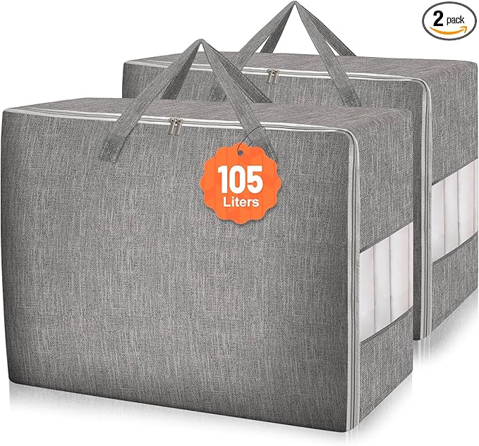 Karceyworth 2 Pack 105L Comforter Storage Bags, Extra Large Bedding Storage Bags with Clear Window, Reinforced Handles & Zippers, Foldable Closet Organizers for Blanket Pillow Clothes