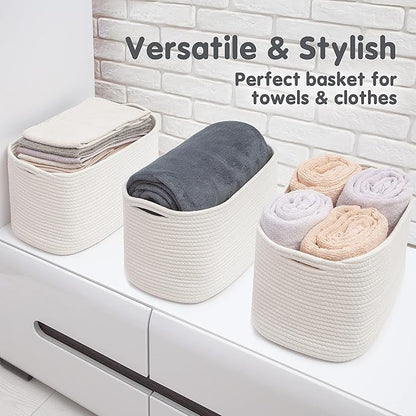 CHAT BLANC Cotton Rope Baskets for Organizing | Storage Baskets for Shelves | Rope Basket for Storage, Small Laundry Baskets, Woven Baskets for Storage, Dog Toy Bin, Baby Basket, Creamy White 3 Pack