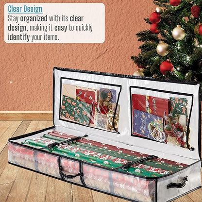 VENO 2 Pack Clear Wrapping Paper Organizer Storage Box for Christmas Gift Bags and Holiday Accessories, Underbed Storage Container with Interior Pockets, 40 Inches Long Fits 24 Rolls (2 Pack)