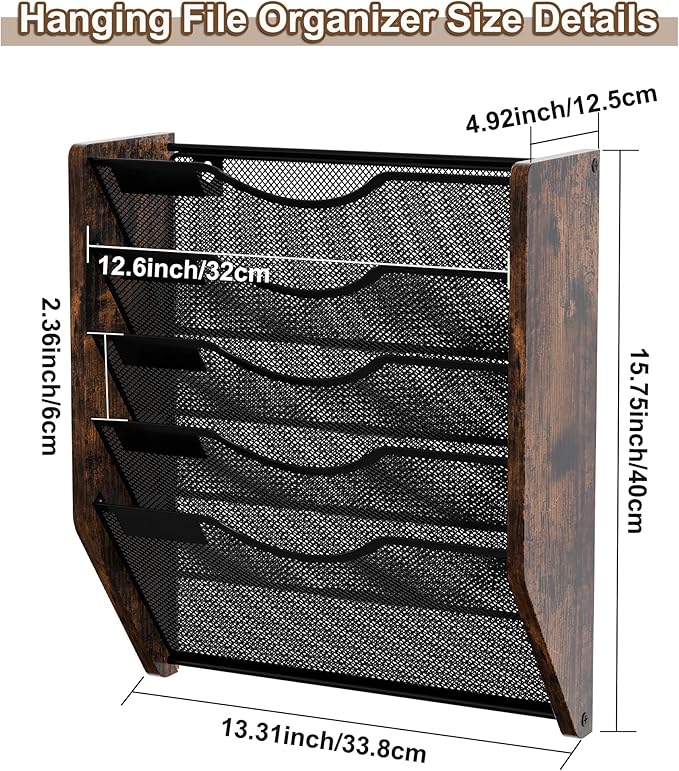 Wall File Organizer,5 Tier Mesh Mail Organizer Wall Mounted,Hanging File Holder,Magazine Rack for Documents,Magazine,Literature,File,Mails,Envelopes
