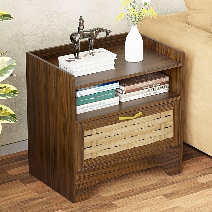 HOCAT 24" Rattan Nightstand Set of 2, Walnut Bedside Table with Semi Open Cubby, Boho Night Stand with Farmhouse Arched Base for Bedroom, Side Table, End Table for Dorm