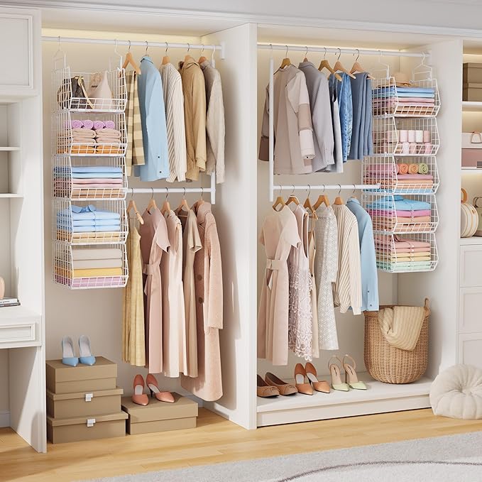 5 Tier Extended Depth Hanging Closet Organizer with Adjustable Width and Height Hanging Rod, Storage Shelves for Sweaters Towels Handbags, Stackable Metal Bins for Closet, Laundry, Dorm, White