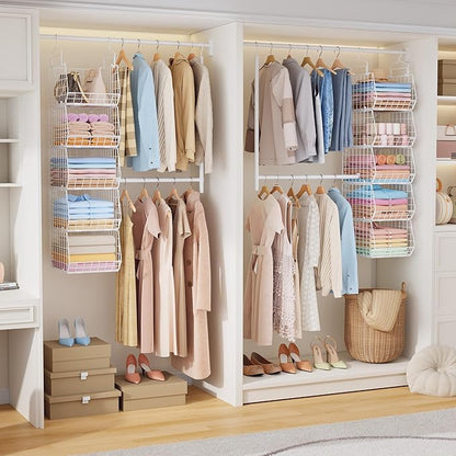5 Tier Extended Depth Hanging Closet Organizer with Adjustable Width and Height Hanging Rod, Storage Shelves for Sweaters Towels Handbags, Stackable Metal Bins for Closet, Laundry, Dorm, White