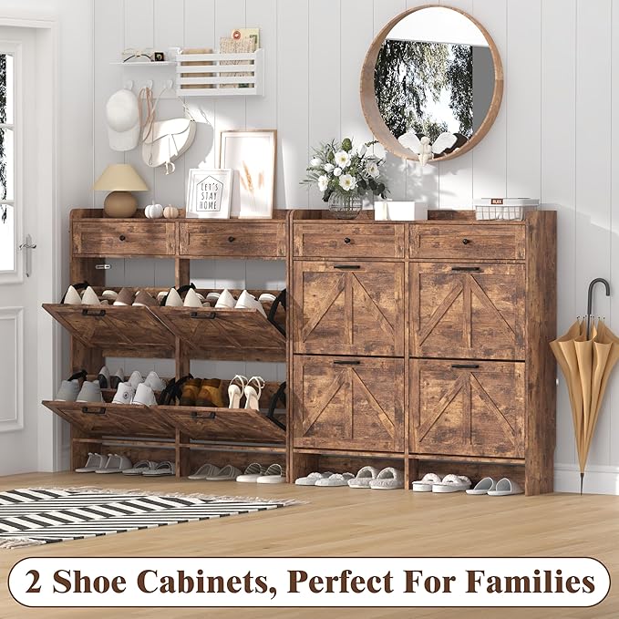 Shoe Cabinet with 4 Flip Drawers & 2 Storage Drawers, Rustic Farmhouse Narrow Shoe Organizer Cabinet, Slim Shoe Rack Cabinet, Shoe Storage Cabinet for Entryway, Hallway, Front Door