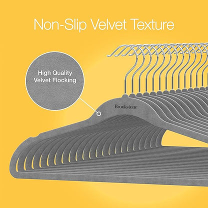 BROOKSTONE, [50 Pack] Velvet Hangers, [Non-Slip] 360° Swivel Hook, Lightweight & Slim, Strong & Durable, Space Saving Design, Heavy Duty, Won’t Stain Fabric