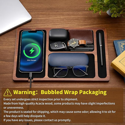 Valet Tray, Multi-Space Acacia Wood Leather Surface Desk Organizer Tray with Charging Assistance Port for Office or Study Room, Nightstand Organizer for EDC, Store Phone, Watch, Wallet, Keys, Jewelry