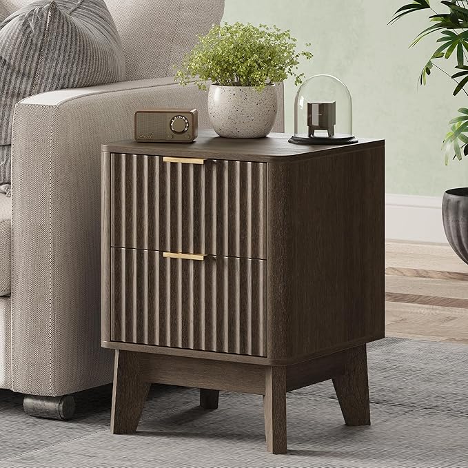 TROJM Fluted Nightstand,Modern End Table with Metal Handle,2 Storage Drawers Side Table,Bedside Table for Bedroom,Wood Nightstands,Curved Profile Design Furnitue,Walnut